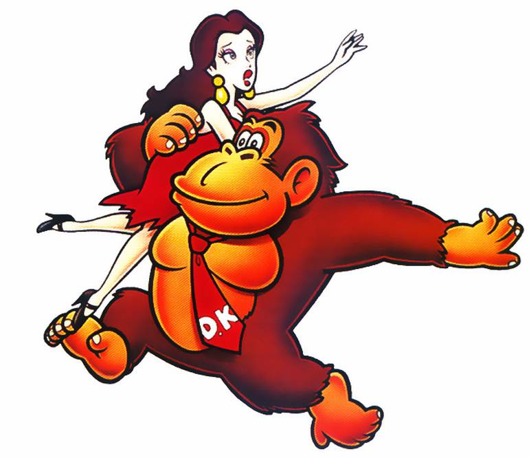 Ilustração mostra Pauline sendo levada por Donkey Kong no jogo de 1981