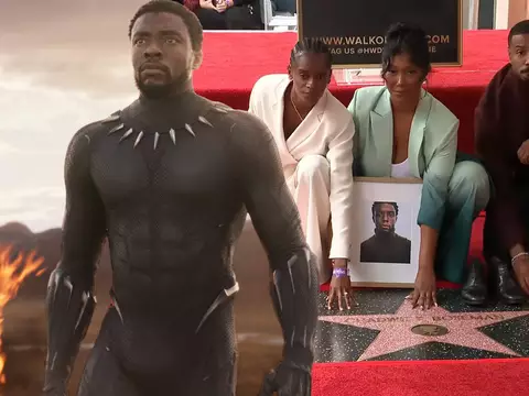 Montagem com fotos de Chadwick Boseman como Pantera Negra e sua homenagem na calçada da fama de Hollywood