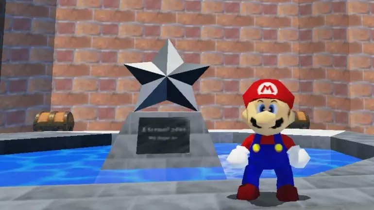 Imagem de Super Mario 64 no patio com a estatua misteriosa