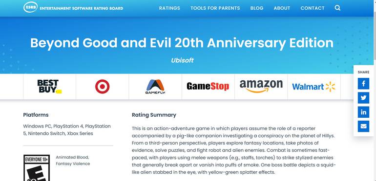 Captura da página da ESRB que mostra a edição de 20 anos de Beyond Good and Evil 