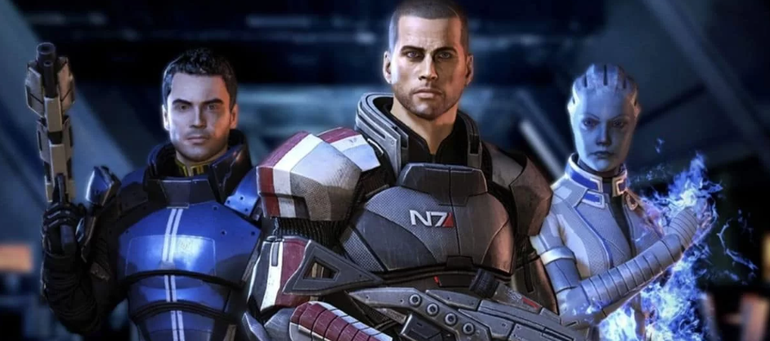 Imagem promocional de Mass Effect 3, com Kaidan, Comandante Shepard e Liara.