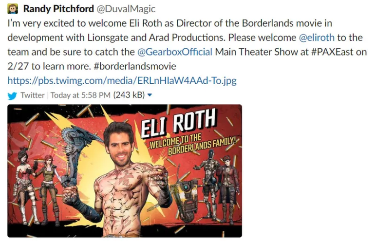 Imagem do tweet deletado com Eli Roth dirigindo o filme de Borderlands