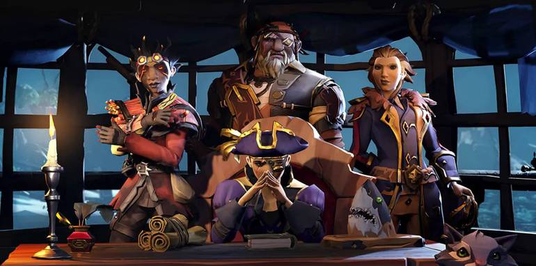 Imagem de divulgação da Temporada Sete de Sea of Thieves mostra quatro capitães pirata próximos de uma mesa