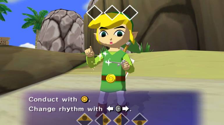 Cena de Zelda Wind Waker em que Link aprende como conduzir os ventos com a batuta
