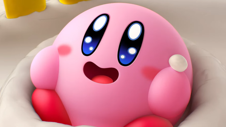 Cena do trailer de anuncio de Kirby's Dream Buffet mostra o heroi rosado deitado sobre um cupcake
