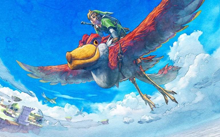 Arte oficial de Zelda Skyward Sword, com Link voando em cima de seu Loftwing