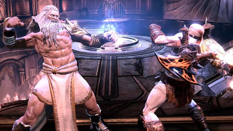 Imagem de god of war com kratos enfrentando Zeus