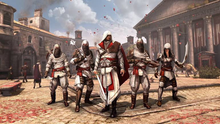 Imagem de gameplay de Assassin's Creed Brotherhood, da Ubisoft, cmo Ezio ao centro de diversos aliados
