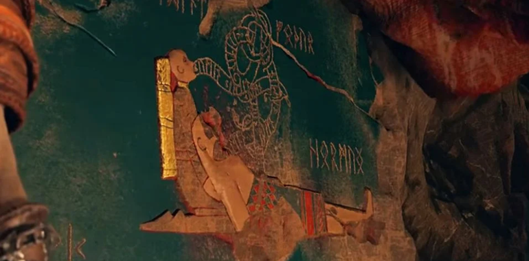Parede da sala de profecias em Jotunheim em God of War de 2018.
