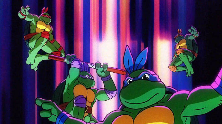 Imagem retirada da animação feita para Tartarugas Ninja Shredder's Revenge com as quatro tartarugas com Rafael, Donatello, Leonardo e Michelangelo