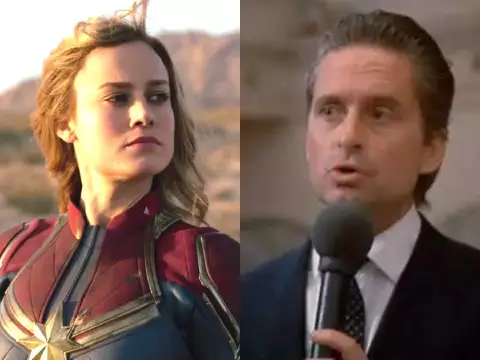 Montagem com Brie Larson em Capitã Marvel e Michael Douglas em Wall Street