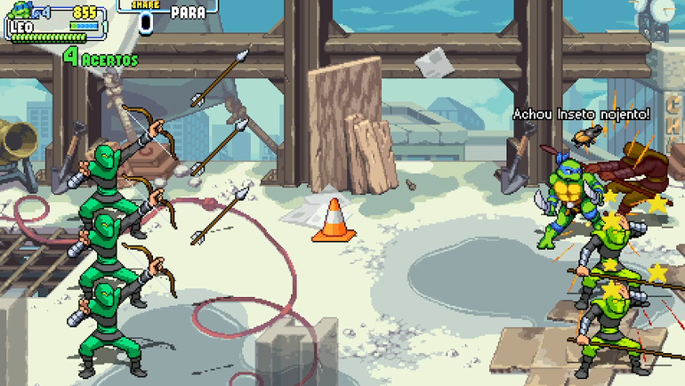 Imagem de gameplay de Tartarugas Ninja Shredder's Revenge. Por vezes, hordas de inimigos maiores aparecerão e o jogador precisará lidar com cada tipo de uma maneira diferente.