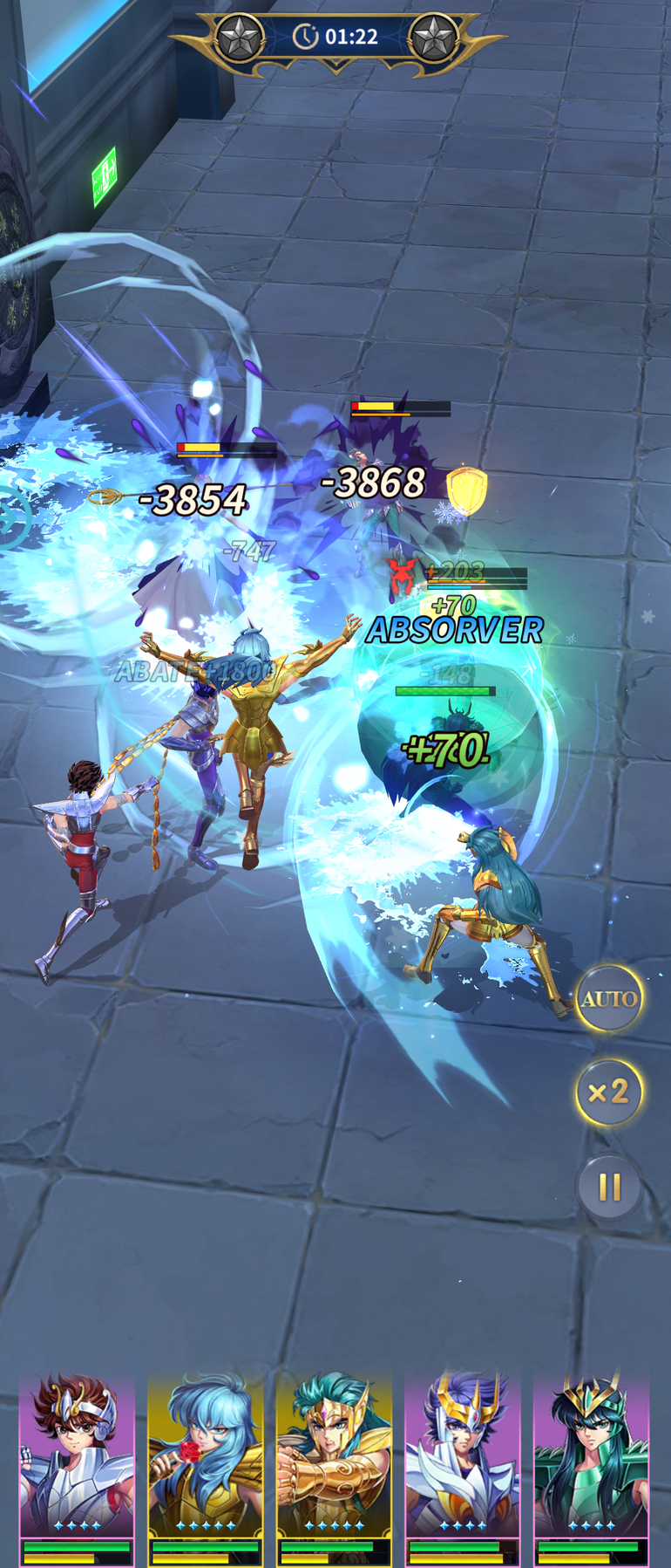 Personagens lutando no jogo de Saint Seiya.