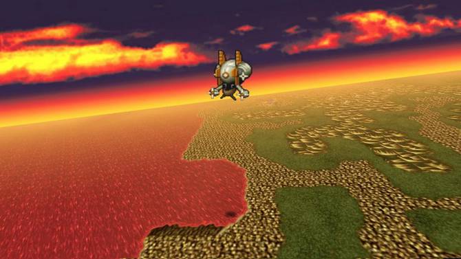 O barco Falcon voa pelo céu do mundo arruinado de Final Fantasy VI.