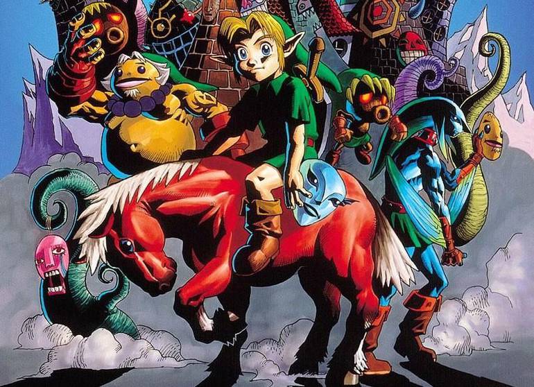 Arte oficial de Zelda Majoras Mask, com Link ao centro em cima de seu cavalo, Epona. 