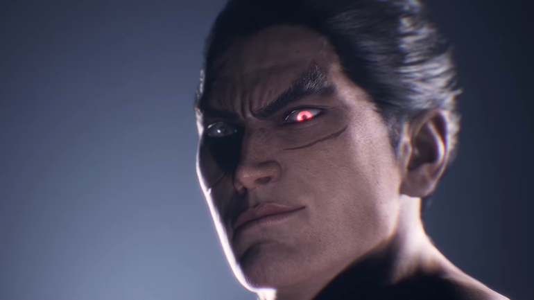 Imagem do Teaser do novo jogo de Tekken mostra Kazuya Mishima refeito com gráficos realistas. O olho esquerdo do lutador brilha com uma luz de cor rosa. 