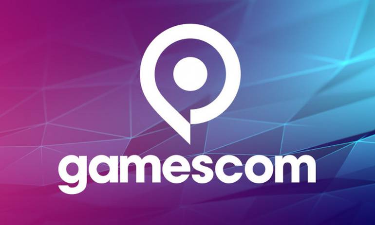 Imagem do logo da Gamescom, em branco, com um fundo com tons de roxo e rosa.