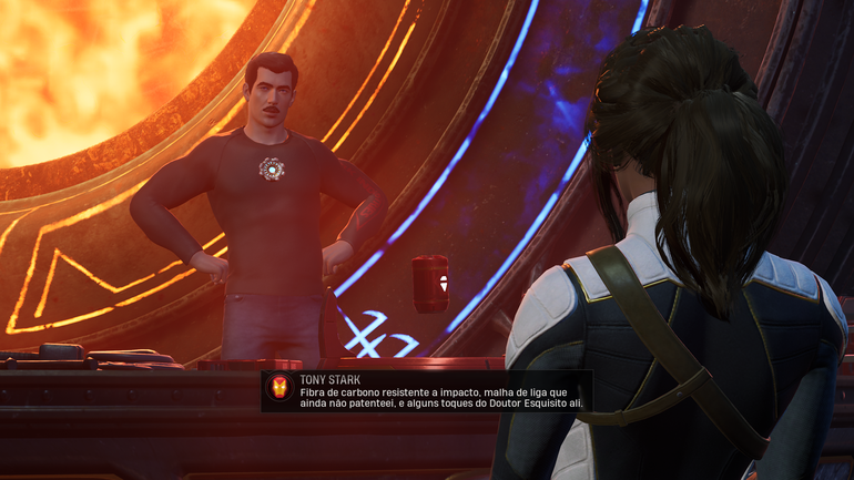 imagem de gameplay de marvels midnight suns de diálogo com tony stark