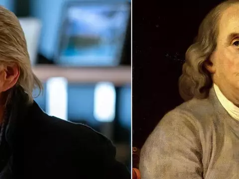 O ator Michael Douglas e o político Benjamin Franklin (Reproudução/Montagem Omelete)