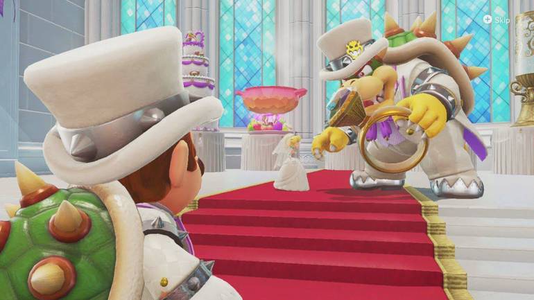 Cena de Super Mario Odyssey em que Mario invade o casamento de Peach e Bowser