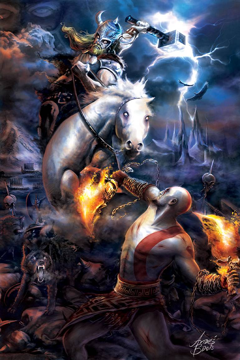 God of War: Thor luta contra Kratos e Jormungand em arte de fã