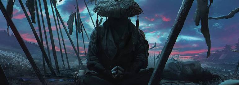 Imagem do novo título da Dark Passenger, um jogo multiplayer ambientado no Japão Feudal. A arte conceitual mostra um samurai vestindo um chapéu de palha sentado com as pernas cruzadas. Ao fundo está um céu ao amanhacer, com nuvens em tons de azul e rosa. 