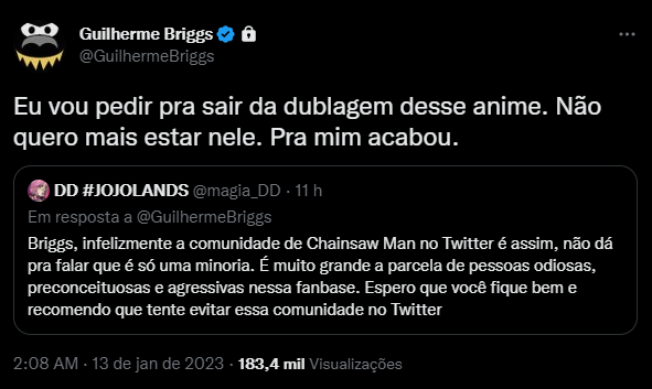 Guilherme Briggs deixará a dublagem de Chainsaw Man após sofrer hate dos  fãs - GKPB - Geek Publicitário