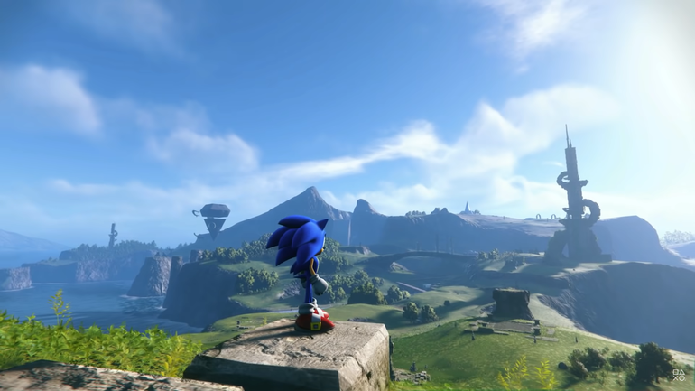 Sonic encara o horizonte cheio de grama e água.