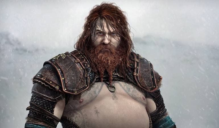 Thor em God of War: Ragnarök é um homem alto, gordo e ruivo, com cabelos e barba compridos. Ele tem olhos azuis e tatuagens no corpo, e veste uma armadura que cobre apenas os ombros e os braços, deixando a barriga exposta.