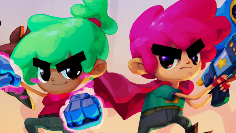 Imagem de divulgação de Relic Hunters: Rebels, jogo mobile brasileiro. A imagem mostra dois personagens desenhados em estilo cartunesco -- um menino de cabelo rosa à direita e uma menina de cabelo verde à esquerda.   