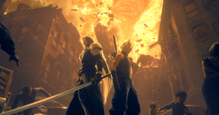 Imagem de gameplay de Final Fantasy 7 Remake com Cloud e Sephiroth envoltos em chamas em uma dimensão paralela