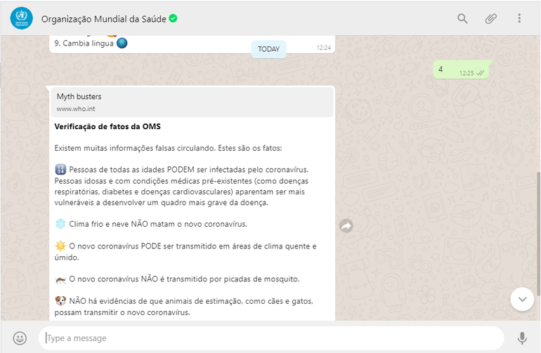 Imagem do bot da OMS em português sobre coronavirus para WhatsApp