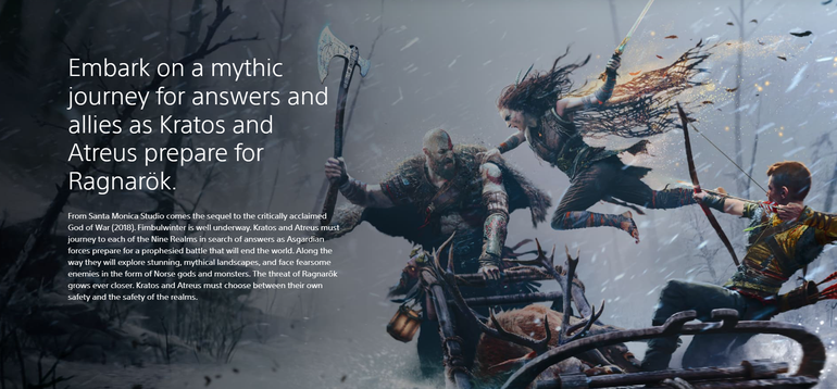 Imagem com descrição da história de God of War Ragnarok, com Kratos, Atreus e Freya
