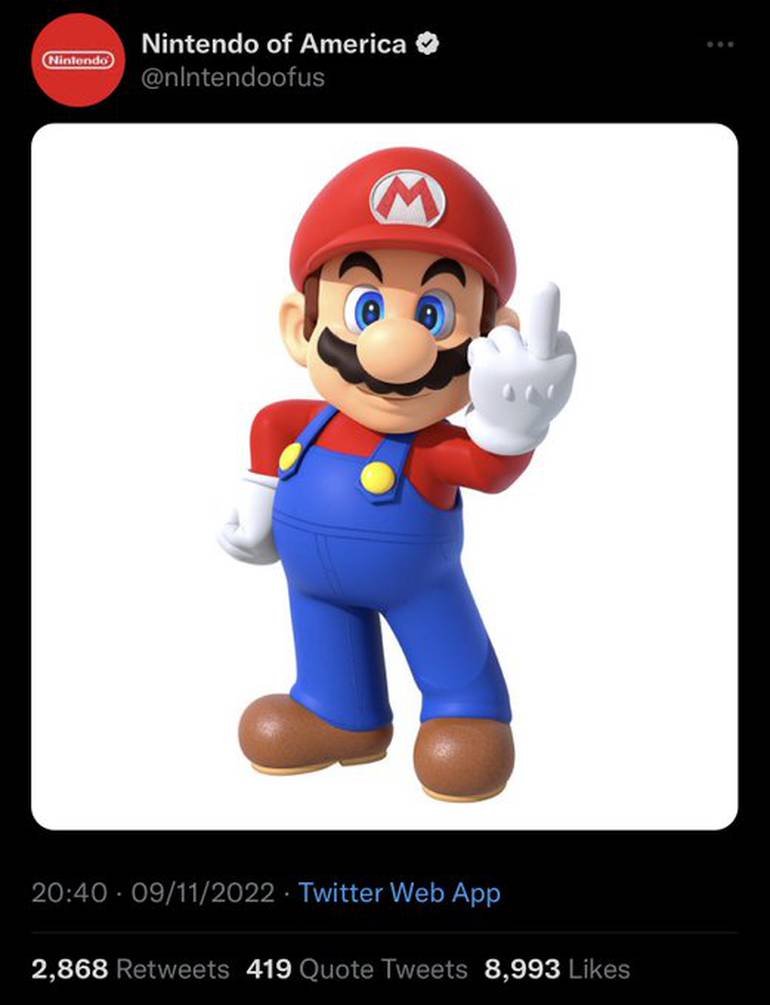 Imagem de conta falsa da Nintendo no Twitter com Mario mostrando o dedo do meio