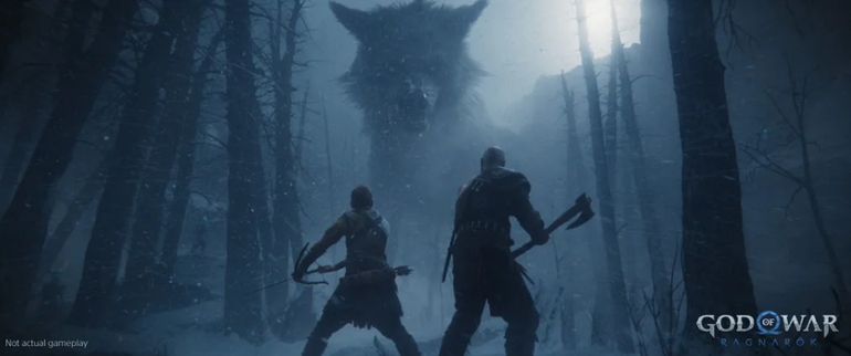 Imagem do trailer de anuncio de lançamento de God of War Ragnarök, com Kratos, Atreus e primeira aparição de Fenrir