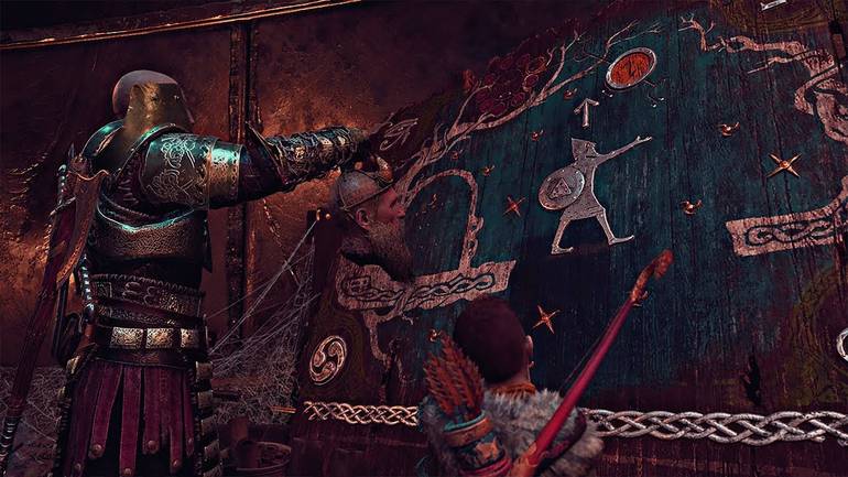 Gravura com runas e ilustrações de Tyr com Mimir lendo para Kratos e Atreus em God of War de 2018.