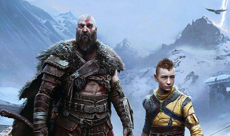 Imagem de capa de God of War: Ragnarök mostra Kratos e Atreus em um lago congelado de neve