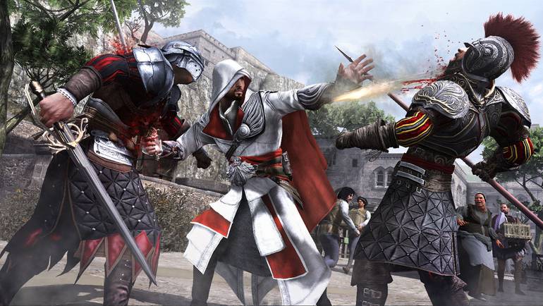 Ezio dá um tiro em um inimigo.