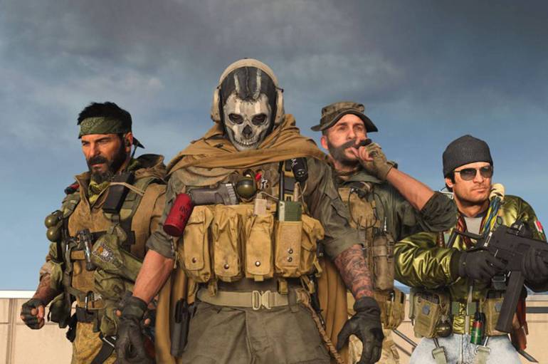 Imagem de Call of Duty Warzone mostra quatro operadores, com Ghost, um homem branco com maquiagem de caveira, à frente da fileira