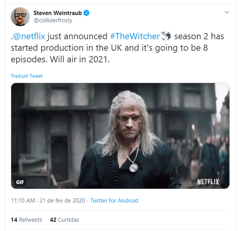 Imagem do tweet do jornalista Steven Weintraub sobre a segunda temporada de The Witcher