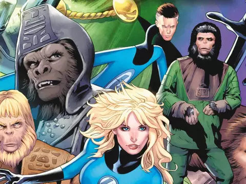 Capa da HQ que une Quarteto Fantástico e Planeta dos Macacos