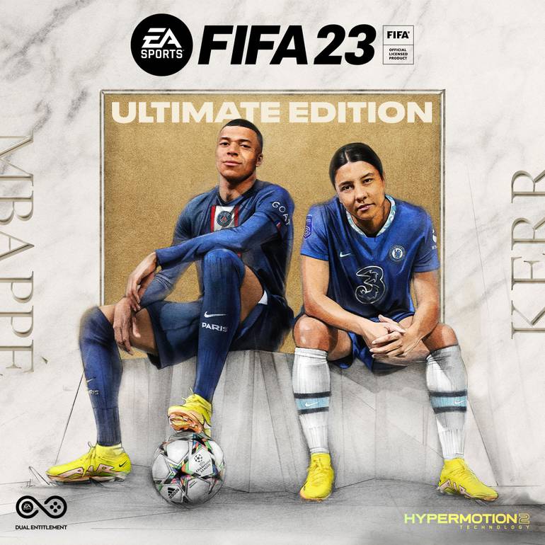 Imagem da capa da Ultimate Edition de FIFA 23, com Kylian Mbappé e Sam Kerr