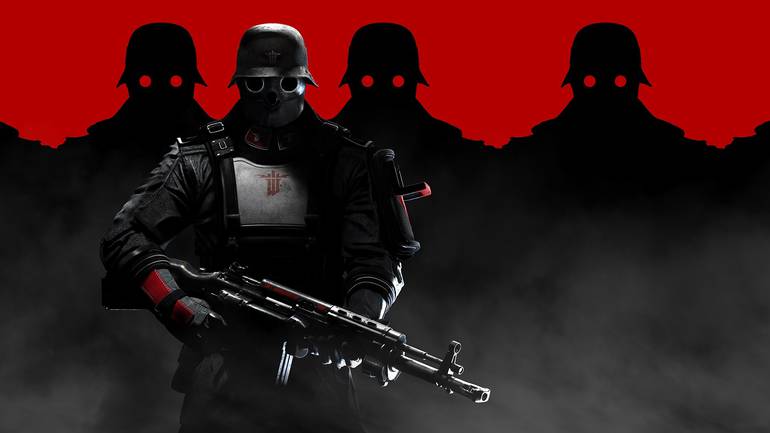 Imagem de divulgação de Wolfenstein: New Order, formada por um soldado à frente e a sombra de vários outros atrás.