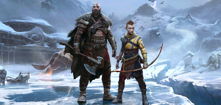 Kratos e Atreus em meio ao gelo.