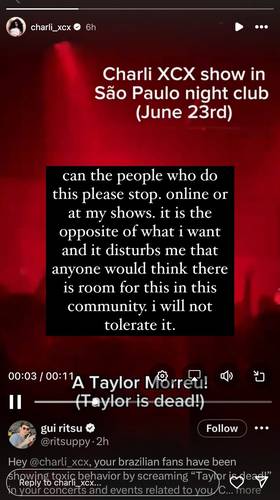 Story postado na conta de Charli XCX no Instagram (Reprodução)