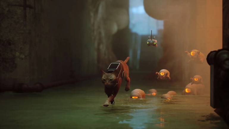 imagem de gameplay de stray com o gato fugindo dos inimigos zurks
