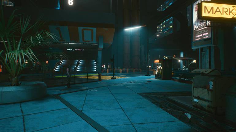 Praça vazia em Cyberpunk 2077.