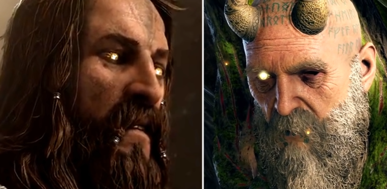 Comparação entre os olhos de Tyr e Mimir com o trailer de God of War Ragnarok.