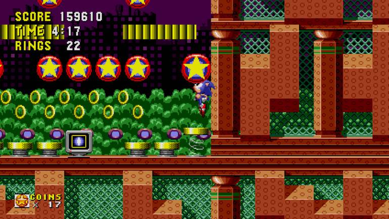 Imagem de gameplay de Sonic Origins, que conta com animações e mais conteúdos referentes aos jogos clássicos da franquia da SEGA