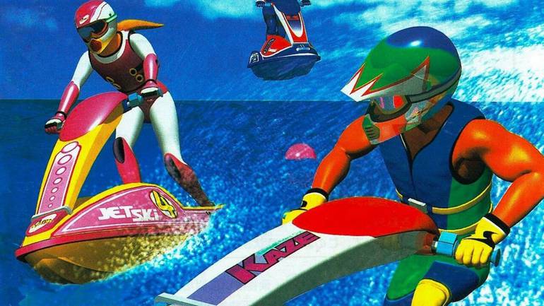 Imagem de divulgação de Wave Race 64 mostra três atletas de jet ski